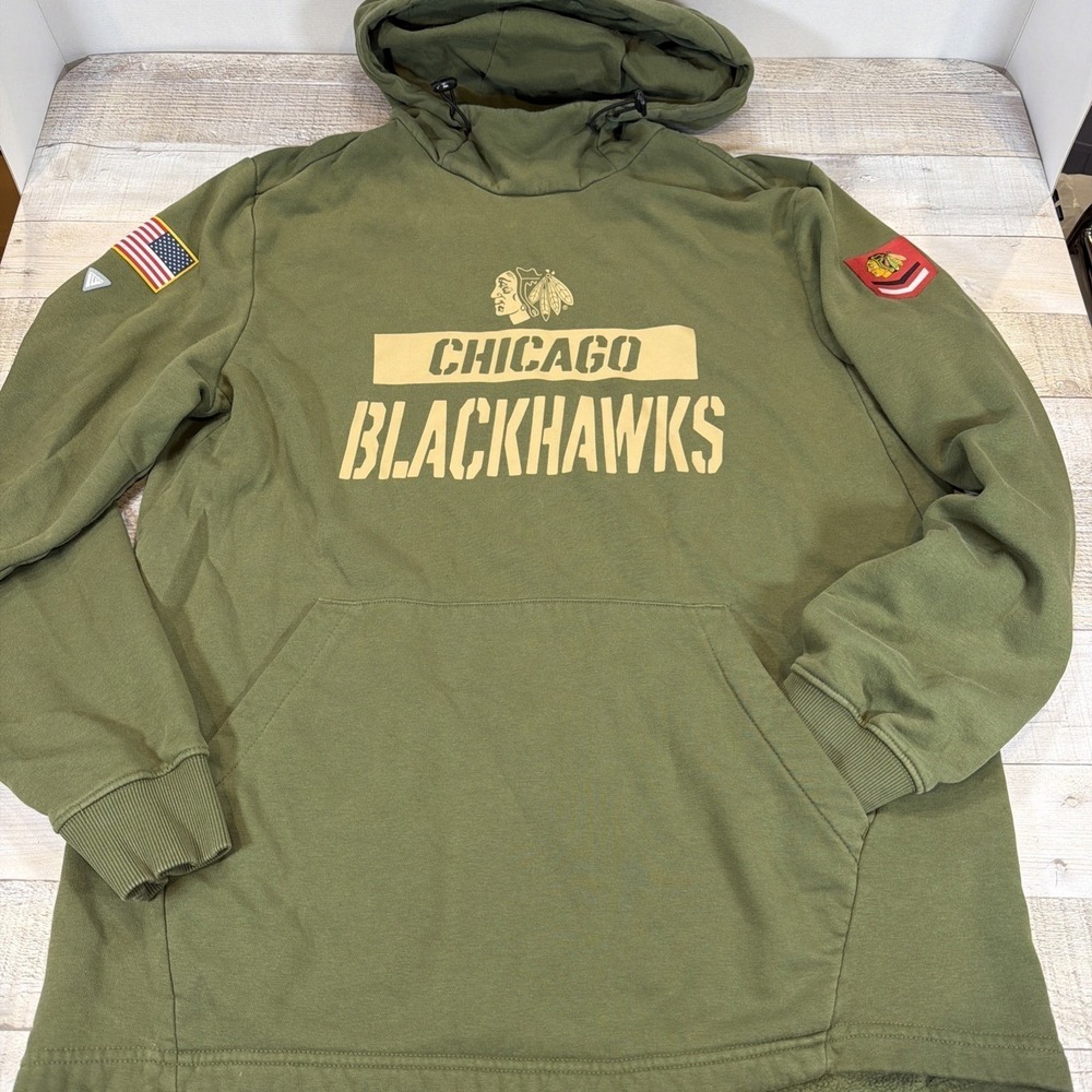 Chicago Blackhawks Salute To Service Hoodie Large Green Military Pullover NHL